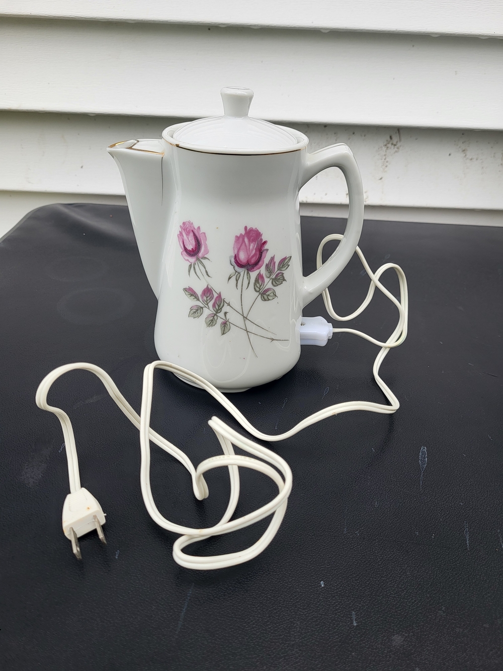 Porcelain Electric Coffee Pot with Pink Rose Floral Design - White